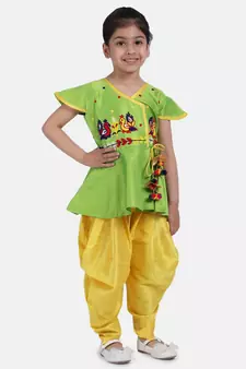 Green Peacock Embroidery Peplum Dhoti For Girls