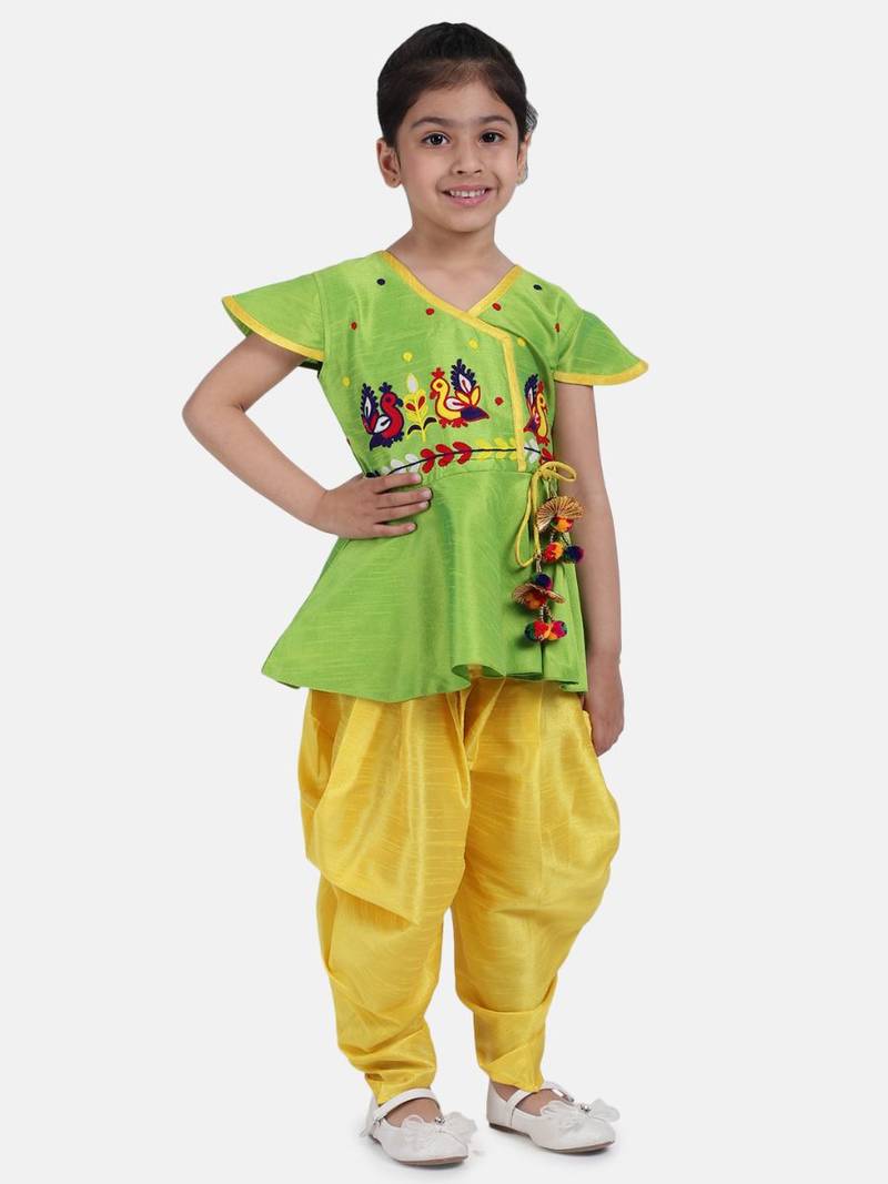Green Peacock Embroidery Peplum Dhoti For Girls