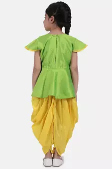 Green Peacock Embroidery Peplum Dhoti For Girls
