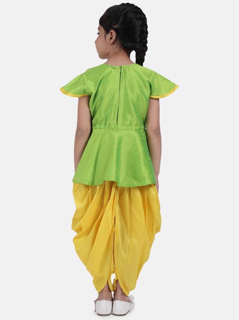 Green Peacock Embroidery Peplum Dhoti For Girls