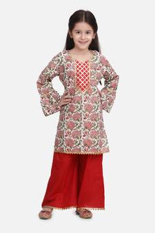 Red Hand Block Print Kurti Palazzo For Girls