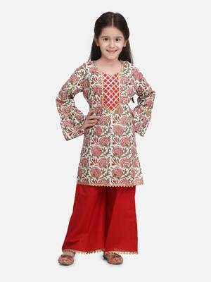 Red Hand Block Print Kurti Palazzo For Girls 1