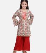 Red Hand Block Print Kurti Palazzo For Girls