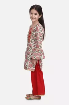 Red Hand Block Print Kurti Palazzo For Girls