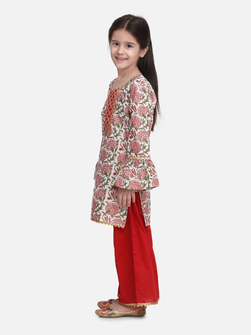 Red Hand Block Print Kurti Palazzo For Girls