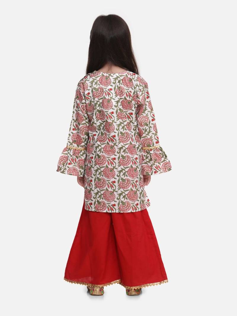 Red Hand Block Print Kurti Palazzo For Girls