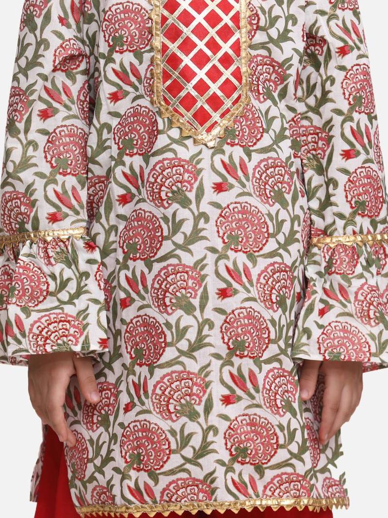 Red Hand Block Print Kurti Palazzo For Girls