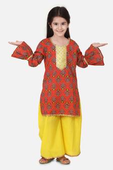 Coral Hand Block Print Kurti Palazzo For Girls