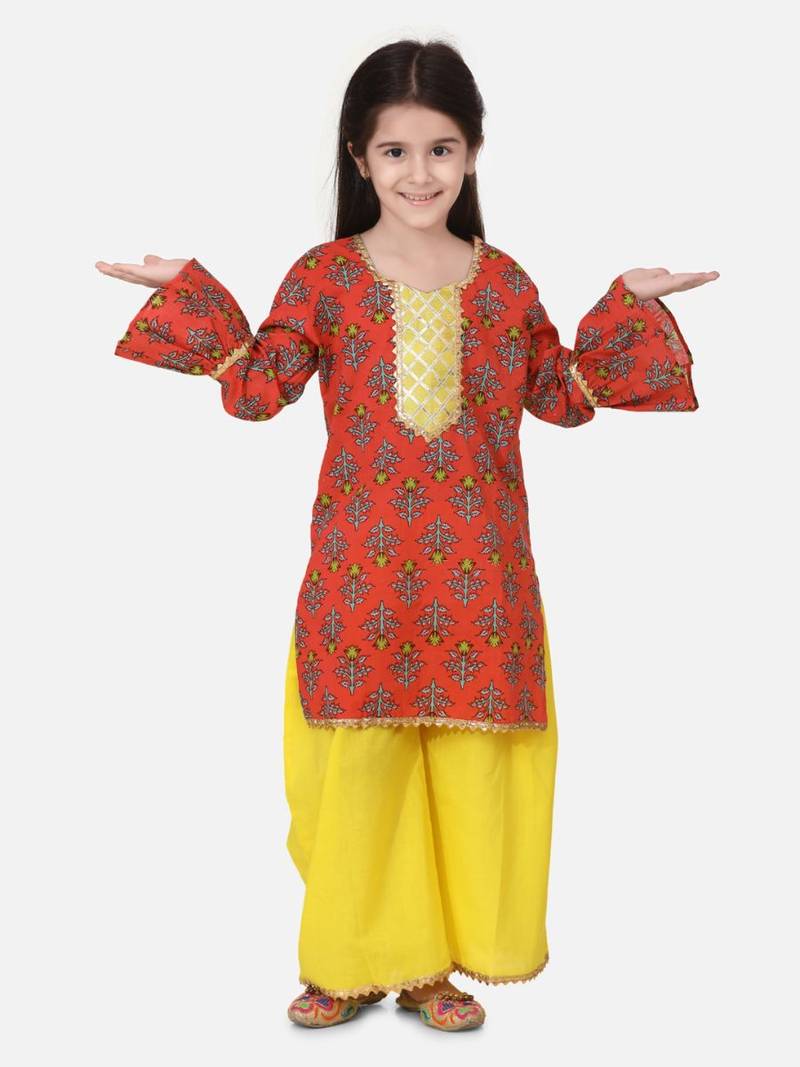 Coral Hand Block Print Kurti Palazzo For Girls