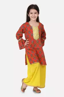 Coral Hand Block Print Kurti Palazzo For Girls