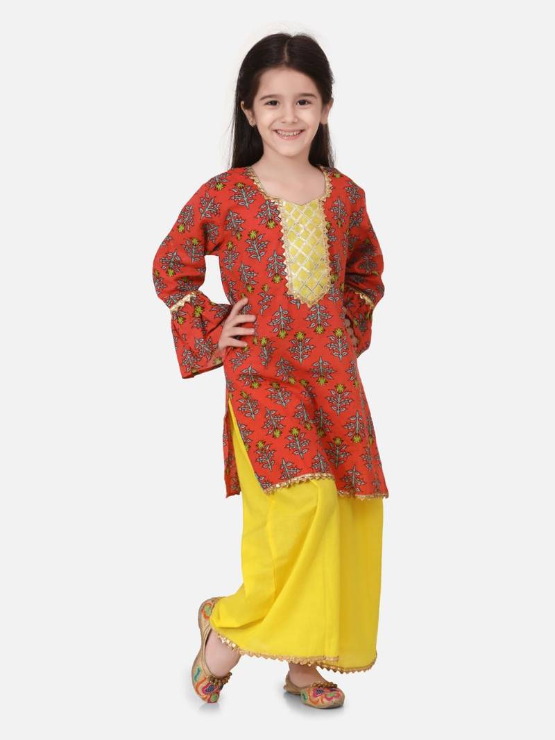 Coral Hand Block Print Kurti Palazzo For Girls