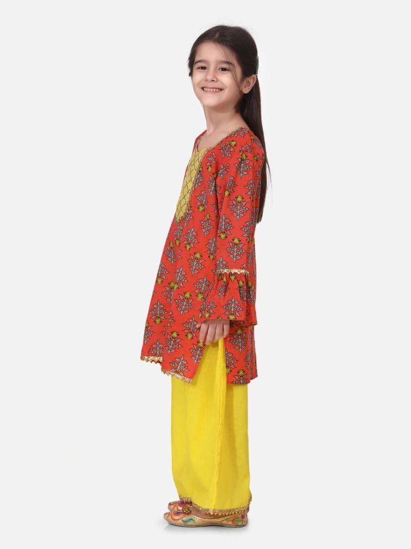 Coral Hand Block Print Kurti Palazzo For Girls