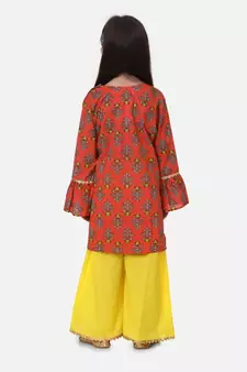 Coral Hand Block Print Kurti Palazzo For Girls