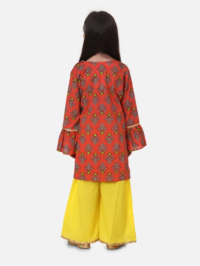 Coral Hand Block Print Kurti Palazzo For Girls