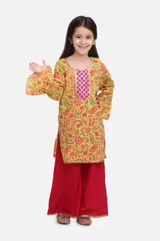 Pink Hand Block Print Kurti Palazzo For Girls