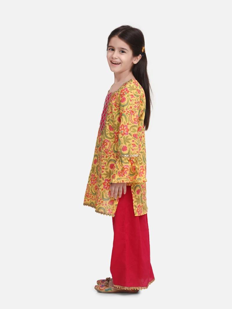 Pink Hand Block Print Kurti Palazzo For Girls