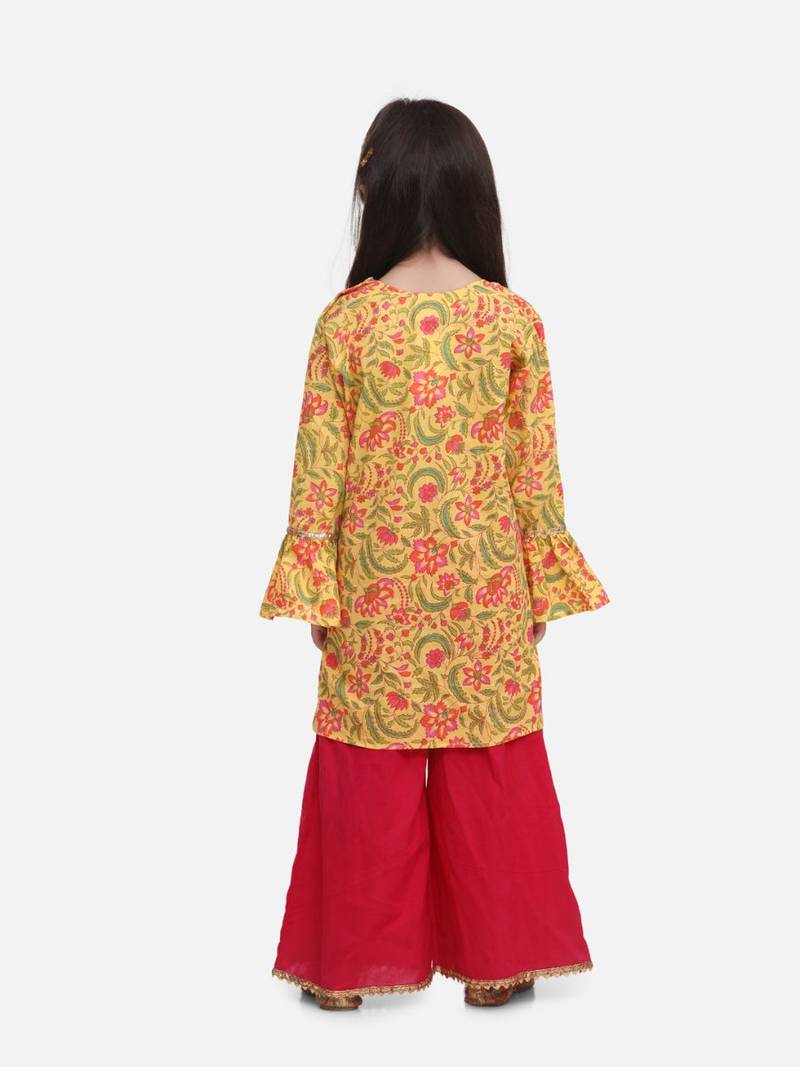 Pink Hand Block Print Kurti Palazzo For Girls