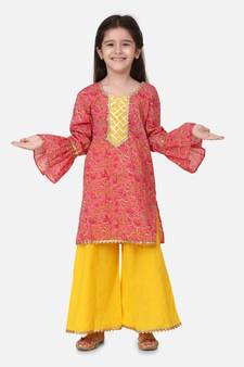 Yellow Hand Block Print Kurti Palazzo For Girls