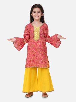 Yellow Hand Block Print Kurti Palazzo For Girls 1