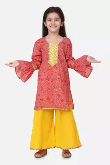 Yellow Hand Block Print Kurti Palazzo For Girls