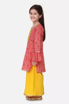 Yellow Hand Block Print Kurti Palazzo For Girls