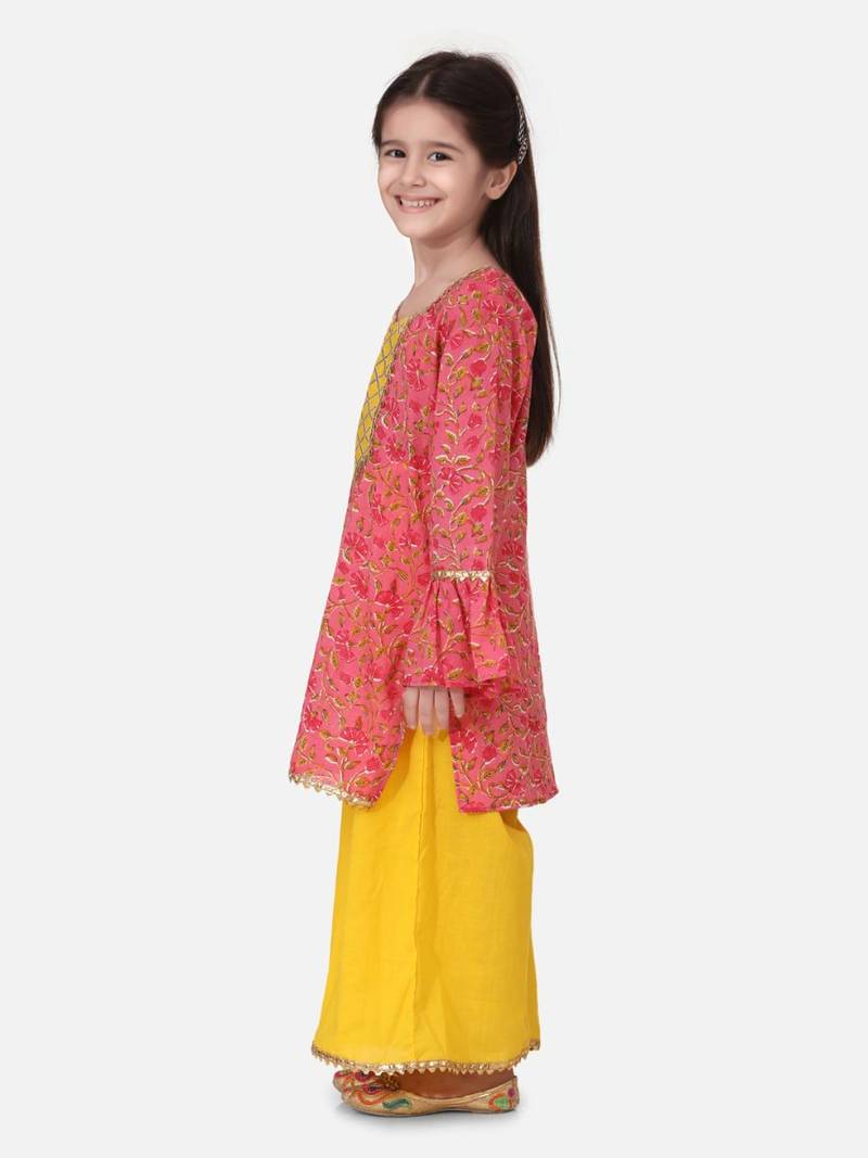 Yellow Hand Block Print Kurti Palazzo For Girls