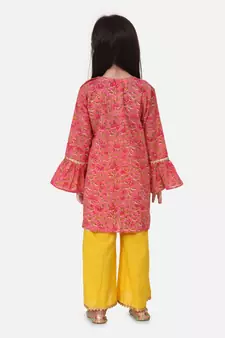 Yellow Hand Block Print Kurti Palazzo For Girls
