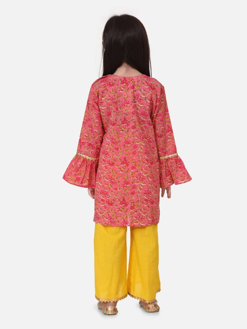 Yellow Hand Block Print Kurti Palazzo For Girls