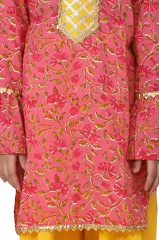 Yellow Hand Block Print Kurti Palazzo For Girls