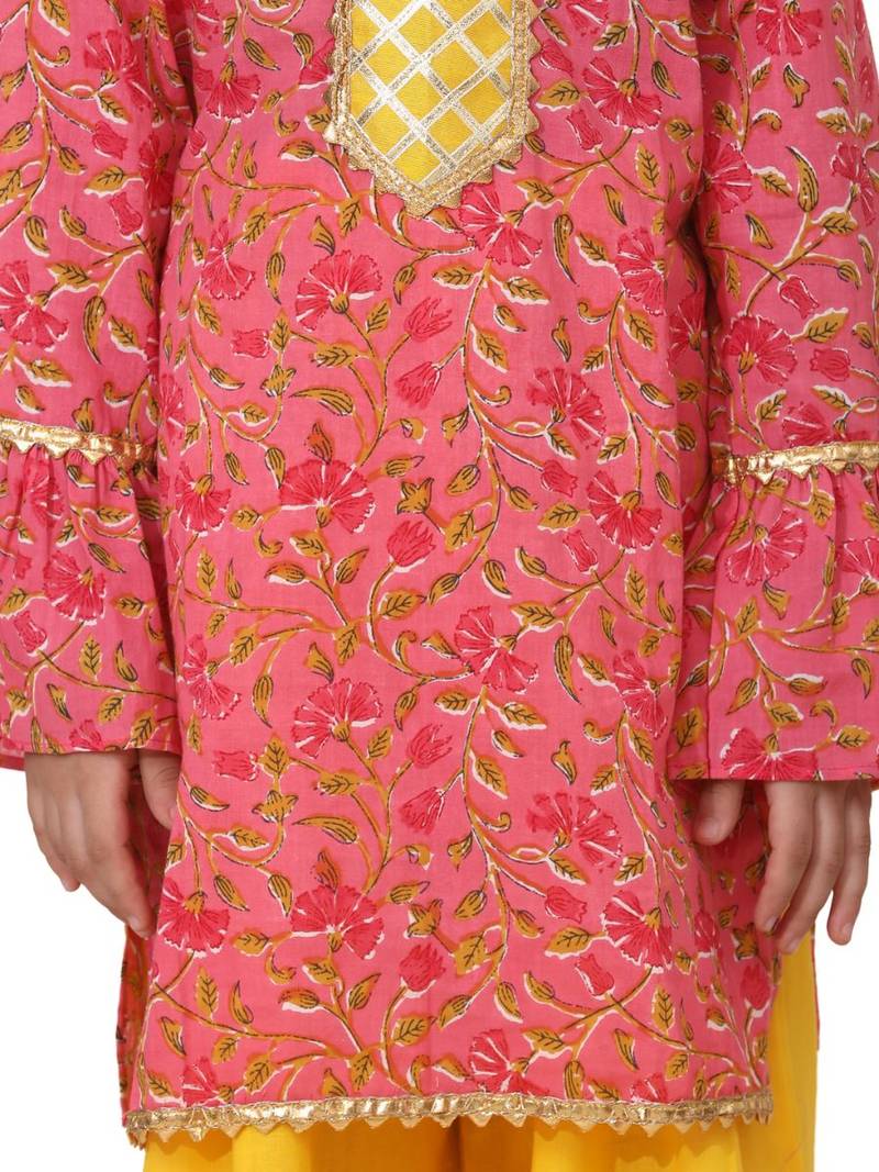 Yellow Hand Block Print Kurti Palazzo For Girls