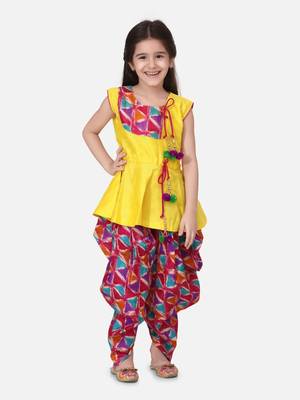 Yellow Triangle Print Patch Peplum dhoti For Girls 1