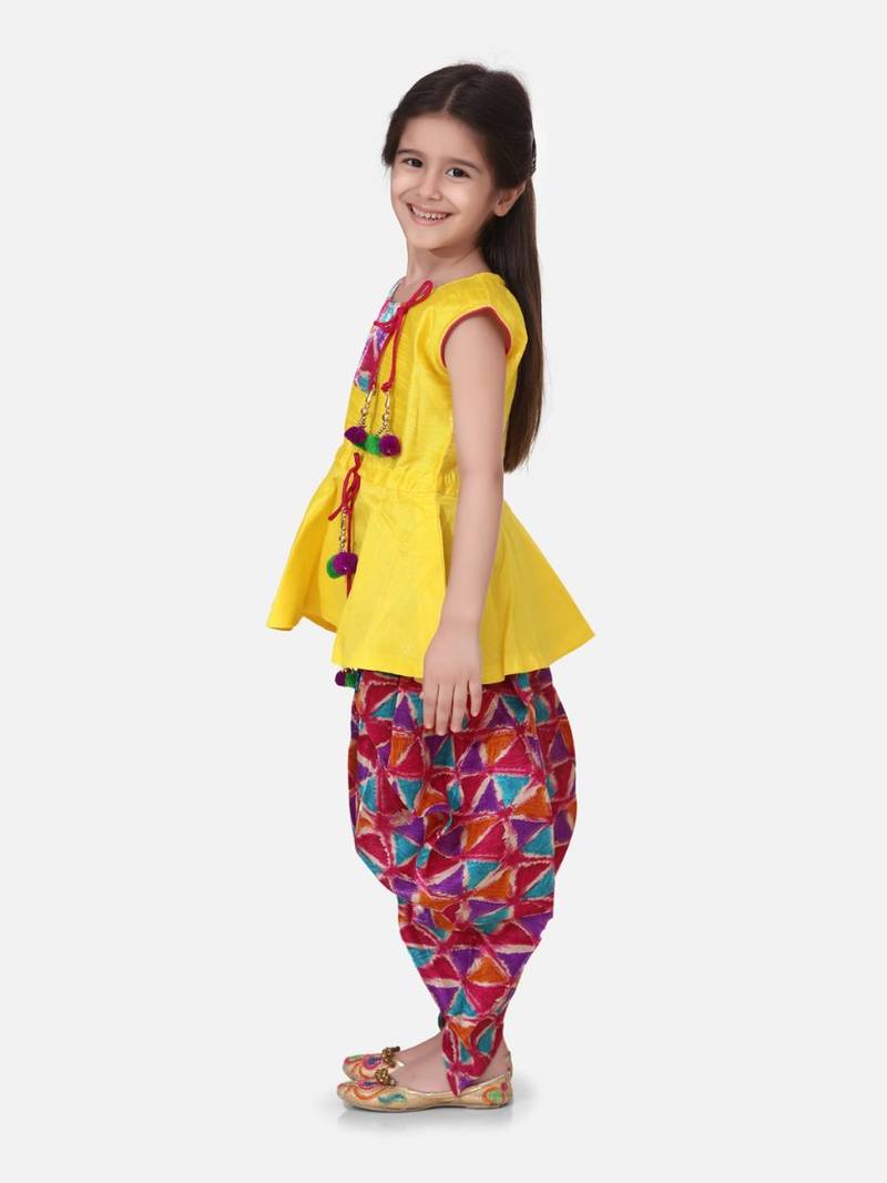 Yellow Triangle Print Patch Peplum dhoti For Girls