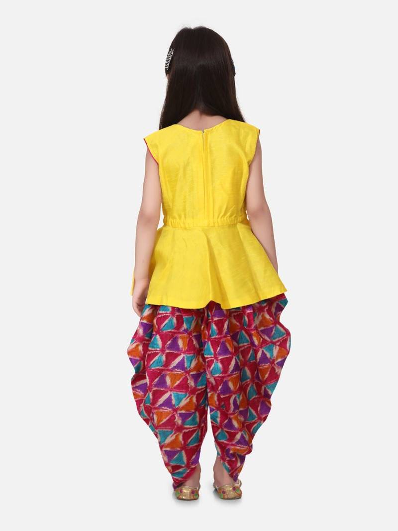 Yellow Triangle Print Patch Peplum dhoti For Girls