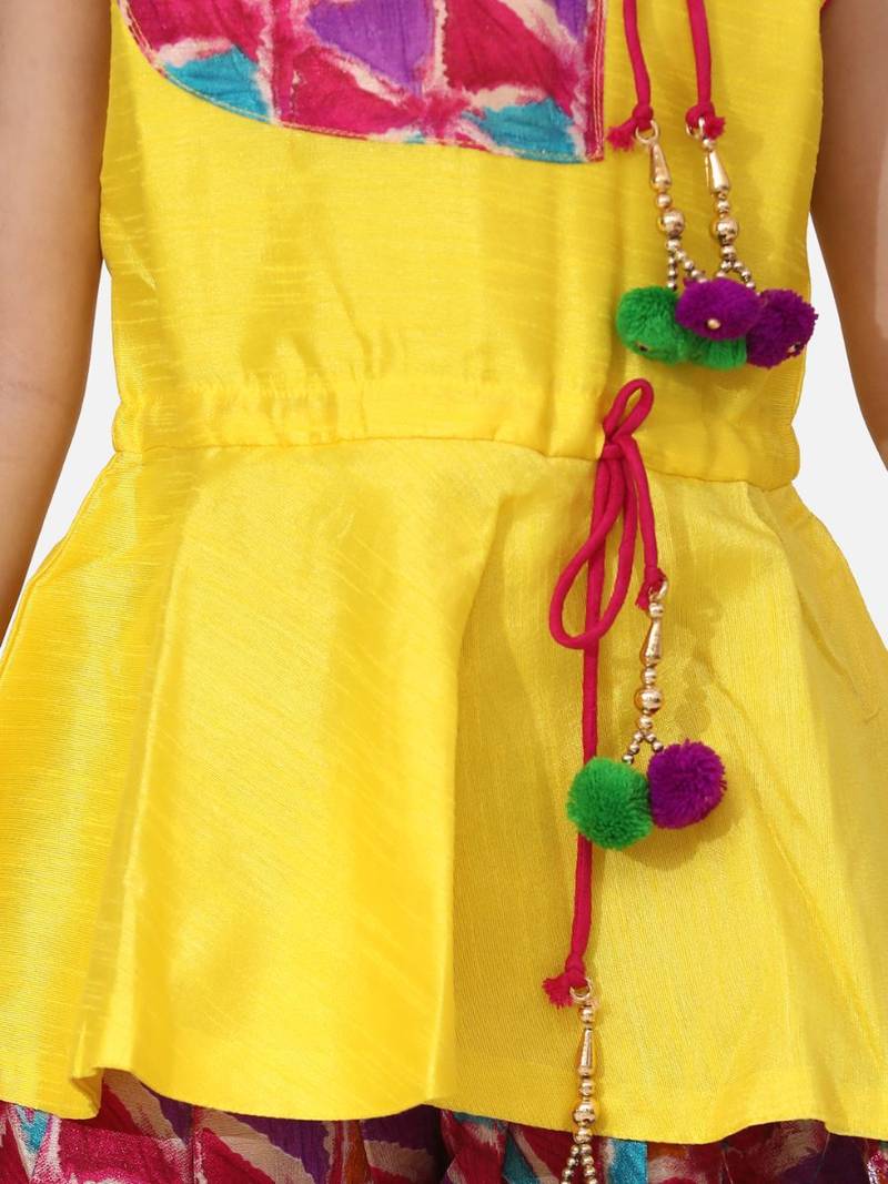 Yellow Triangle Print Patch Peplum dhoti For Girls