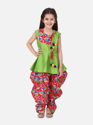 Green Triangle Print Patch Peplum dhoti For Girls 1