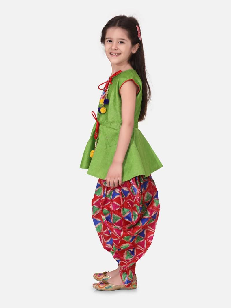 Green Triangle Print Patch Peplum dhoti For Girls