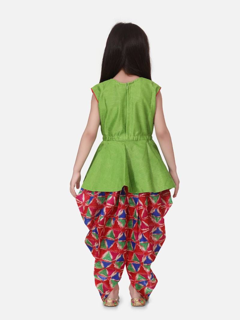 Green Triangle Print Patch Peplum dhoti For Girls