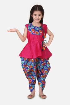 Pink Triangle Print Patch Peplum dhoti For Girls