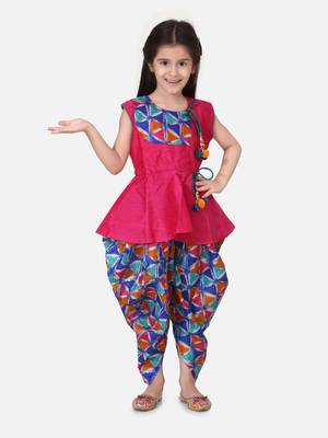 Pink Triangle Print Patch Peplum dhoti For Girls 1