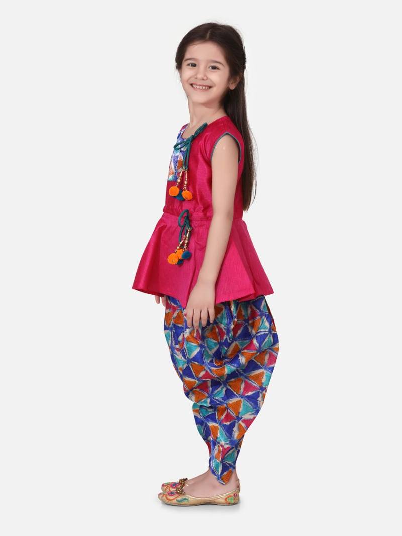 Pink Triangle Print Patch Peplum dhoti For Girls