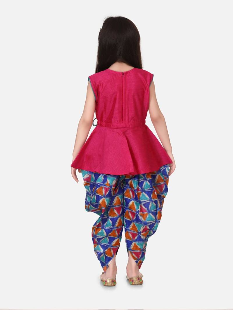Pink Triangle Print Patch Peplum dhoti For Girls