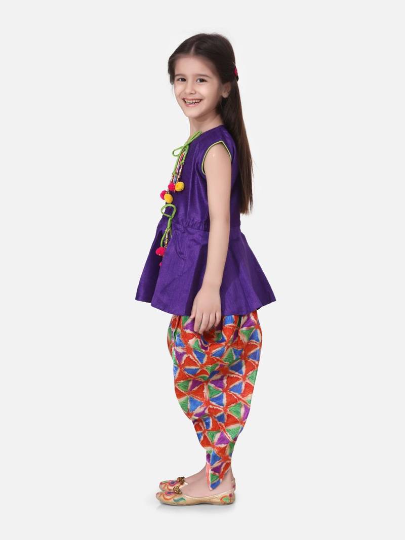 Purple Triangle Print Patch Peplum dhoti For Girls