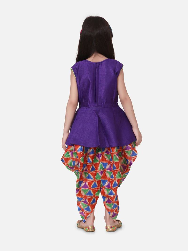 Purple Triangle Print Patch Peplum dhoti For Girls