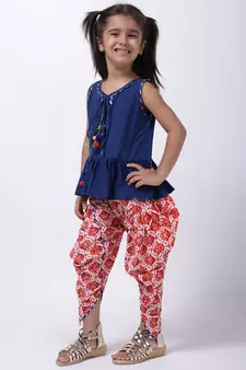Blue Jaipuri Print Pure Cotton Dhoti Top For Baby Girls