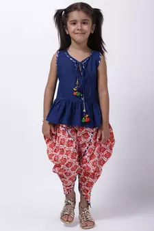 Blue Jaipuri Print Pure Cotton Dhoti Top For Baby Girls