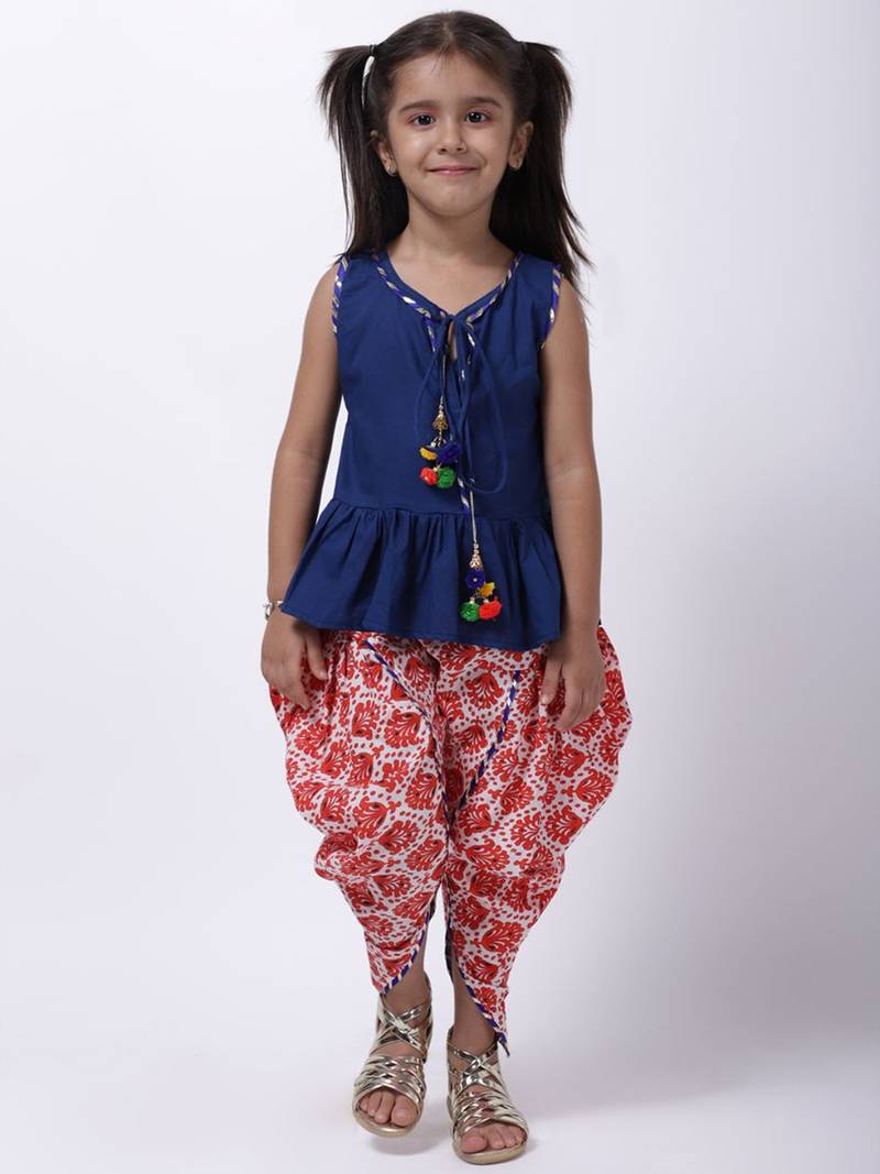 Blue Jaipuri Print Pure Cotton Dhoti Top For Baby Girls