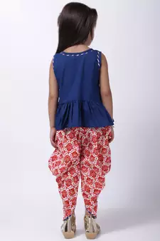 Blue Jaipuri Print Pure Cotton Dhoti Top For Baby Girls