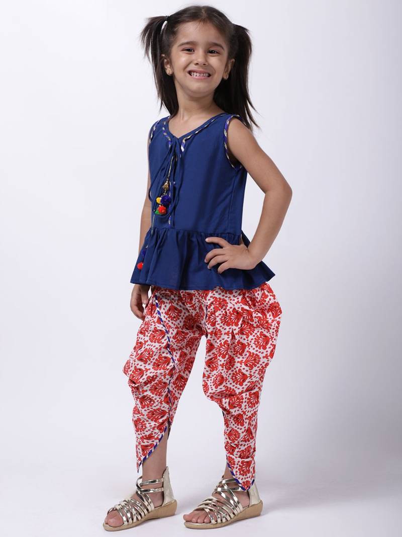 Blue Jaipuri Print Pure Cotton Dhoti Top For Baby Girls