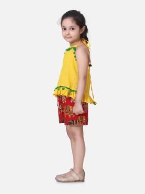 Yellow Pure Cotton Top With Printed Shorts 1