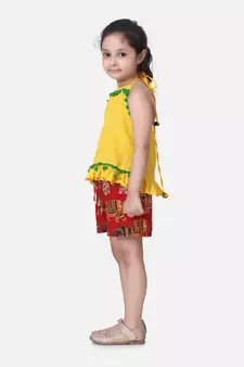 Yellow Pure Cotton Top With Printed Shorts